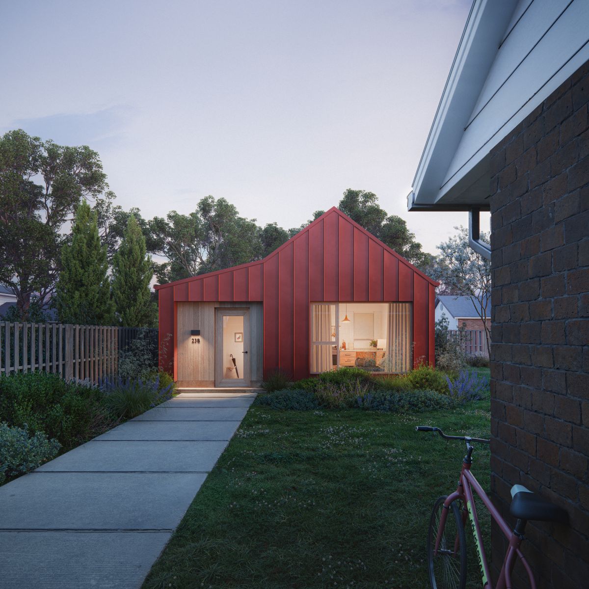Rendu 3D d’un logement accessoire moderne caractérisé par une façade métallique rouge vif et situé dans un jardin luxuriant.